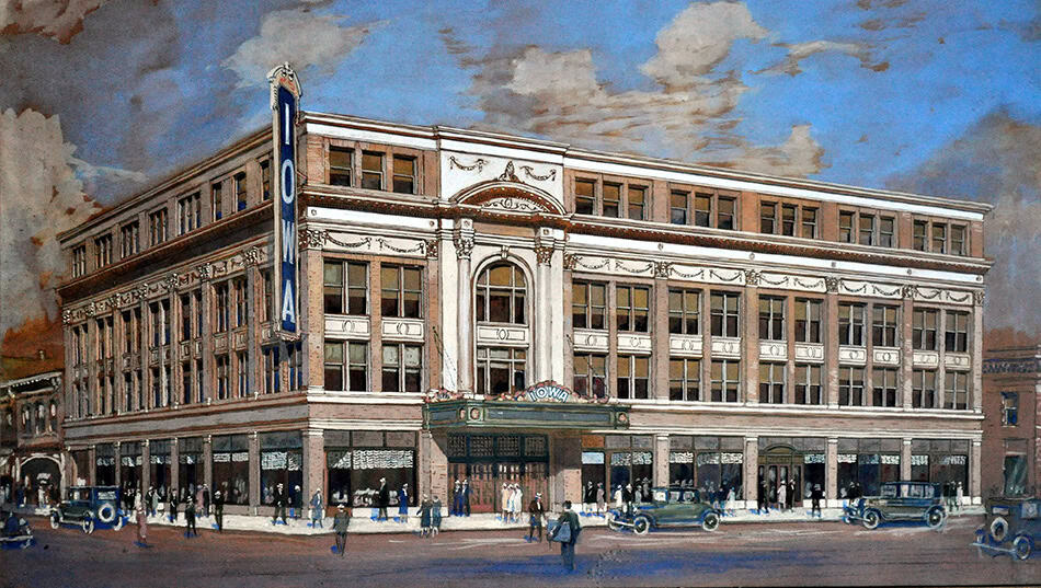 An artist's rendering of the finished Iowa Theatre Building.